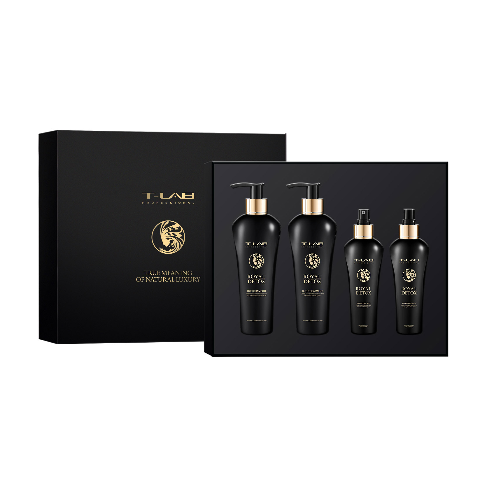 Подарунковий набір для волосся T-LAB Professional Royal Detox Ritual (шампунь, 300 мл + кондиціонер, 300 мл + міст, 150 мл + еліксир-масло, 150 мл)